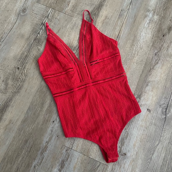 Blue Blush Tops - Blue Blush Red Lacey vneck Bodysuit
